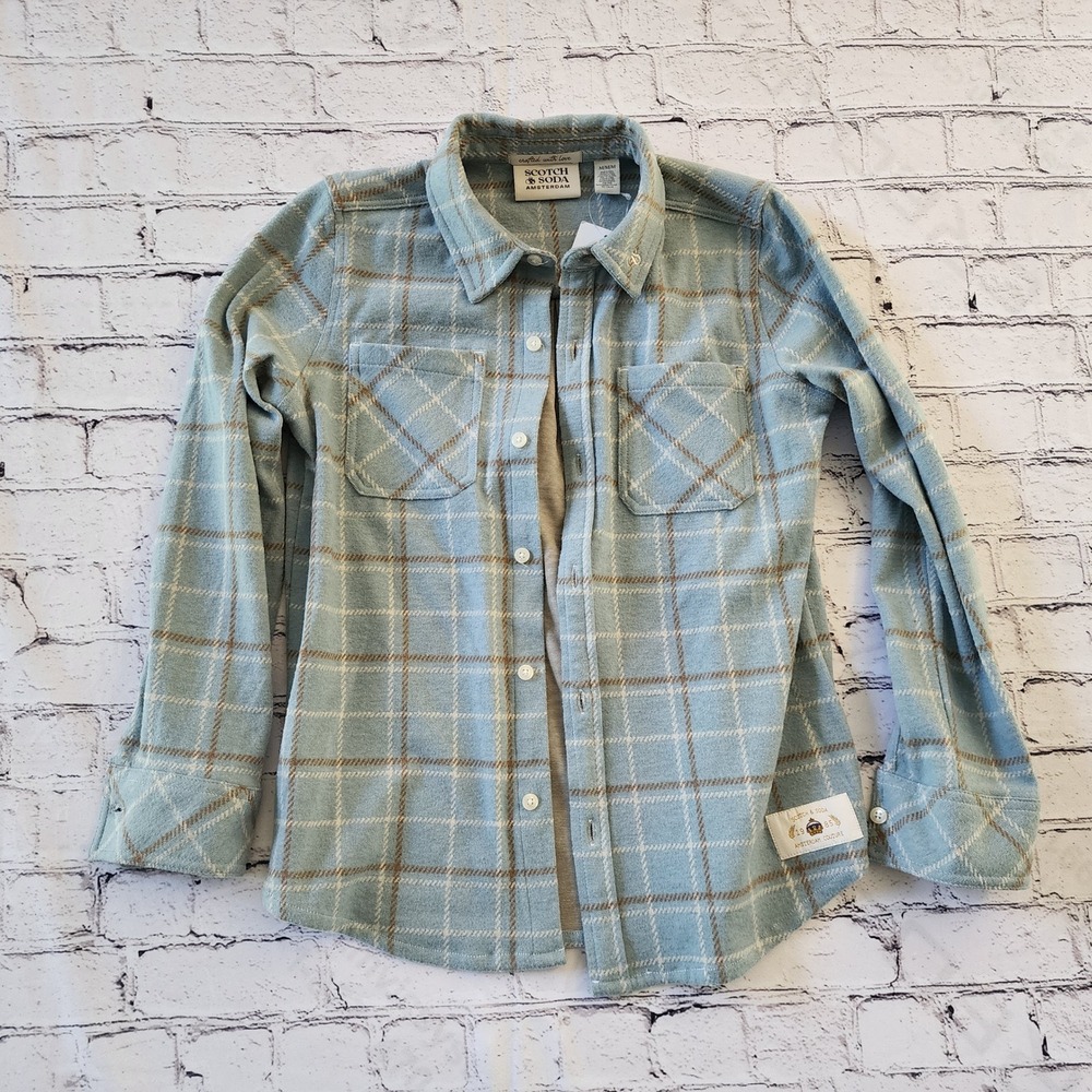 Scotch & Soda Amsterdam Boys M Light Blue Plaid Flannel Button Down Shirt